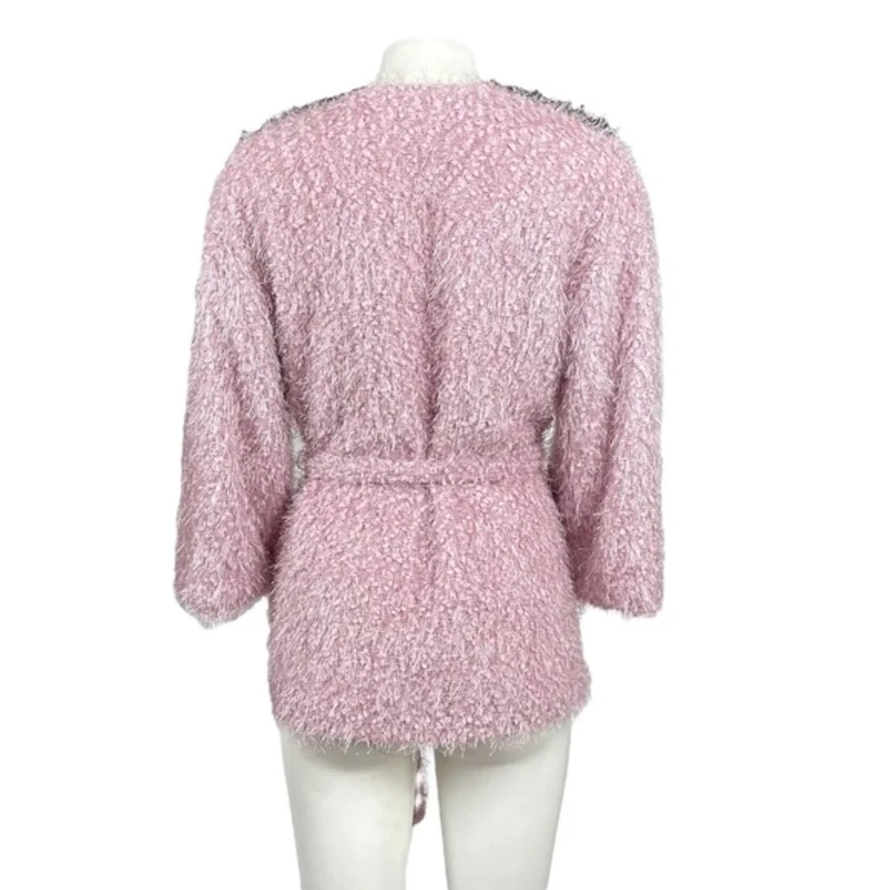 Pink Luxe Fuzzy Belted Sweater Shaggy Cardigan NWT